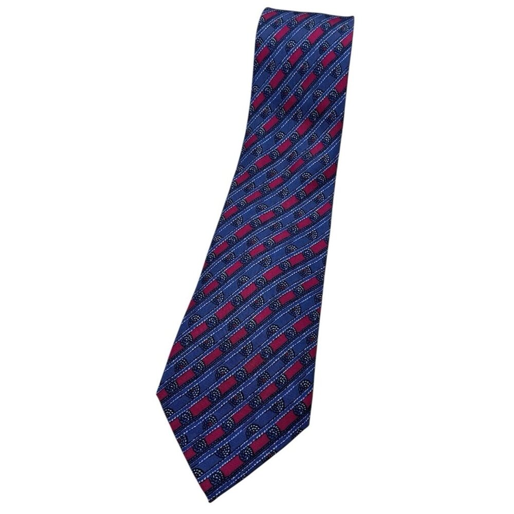 HERMÈS Men's Silk Necktie LUXURY 7678 TA Blue Burgundy Striped Rope W:3.6" EUC